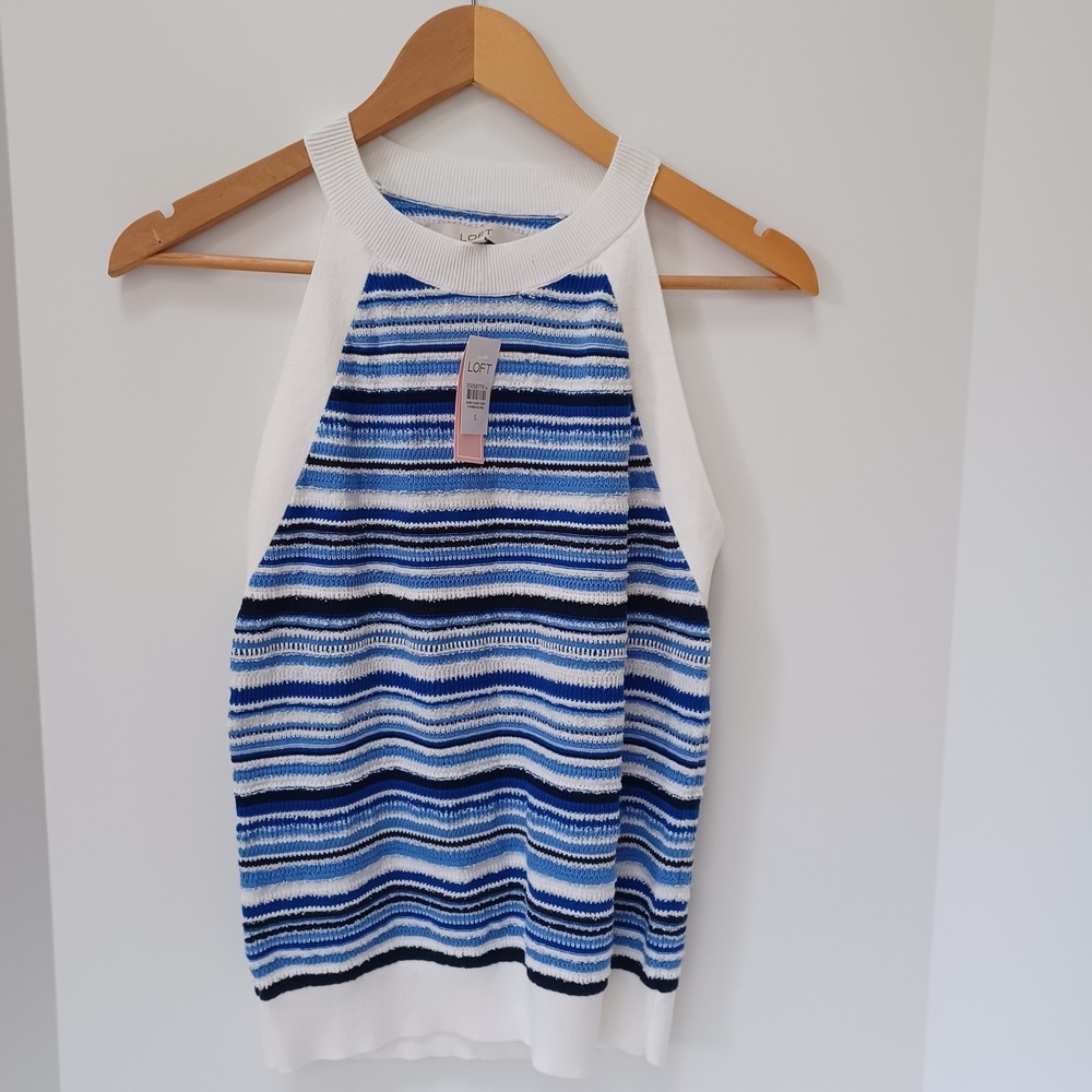 Ann Taylor Loft Womens Small Tank Top Striped Blue White Black Sweater Tank NWT
